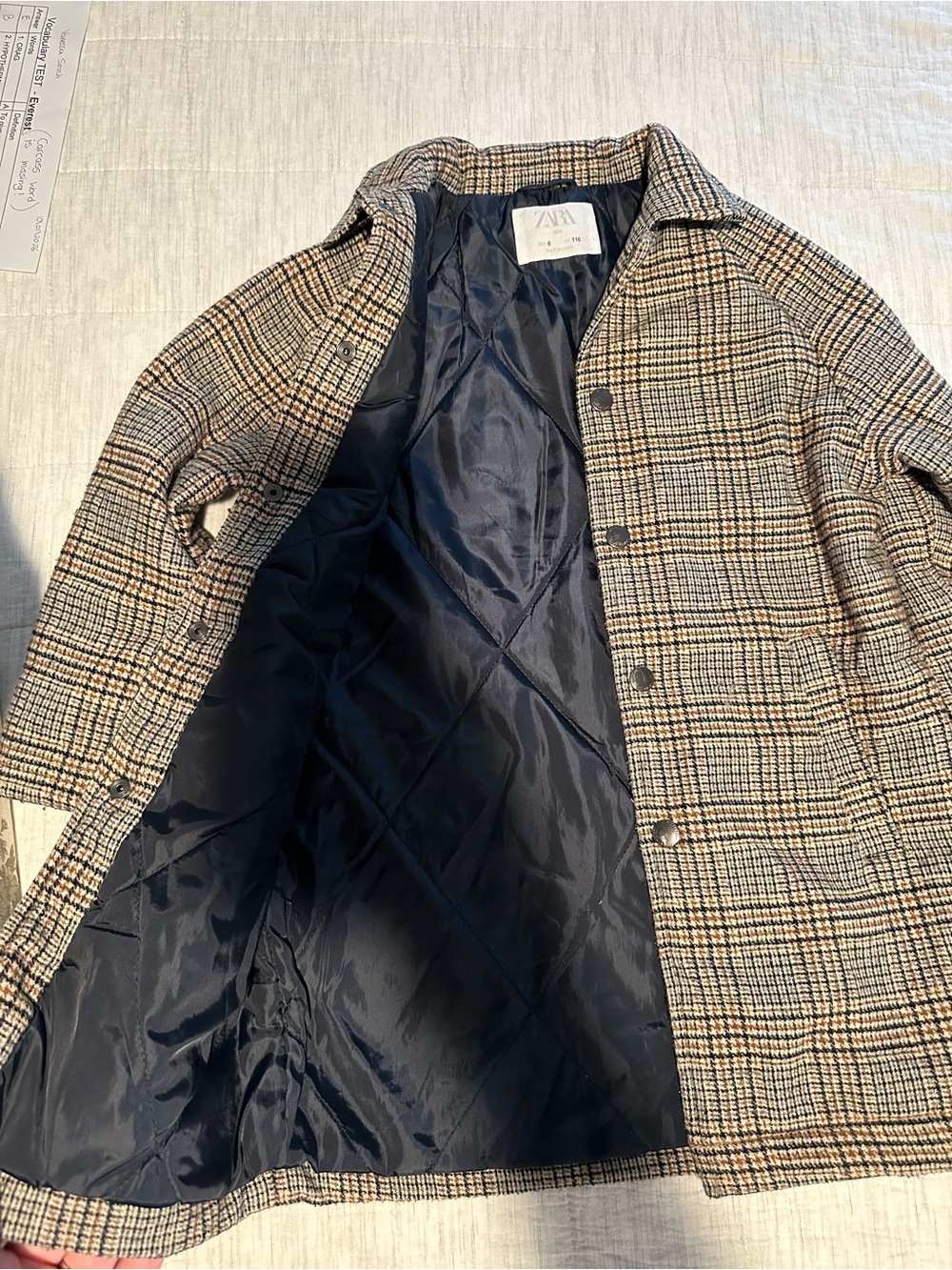 Zara Plaid Pea Coat in Beige and Black with Navy Lining